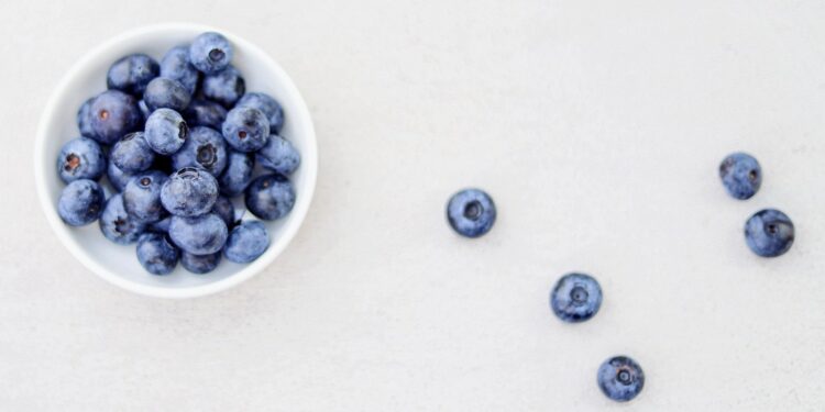 Kom yoghurt met verse blauwe bessen op een keukentafel