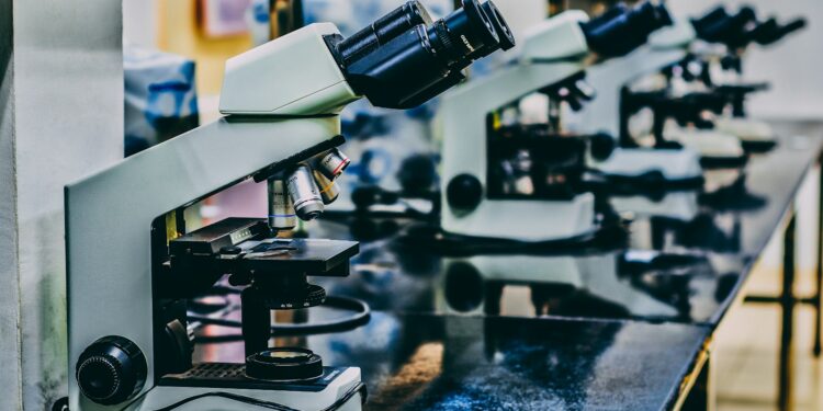 Onderzoeker kijkt door een microscoop in een laboratorium