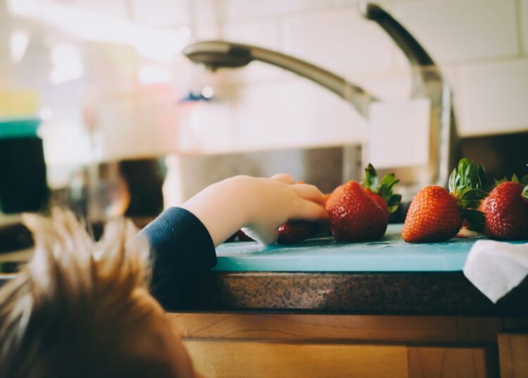 Peuter in een kinderstoel die een stuk fruit eet